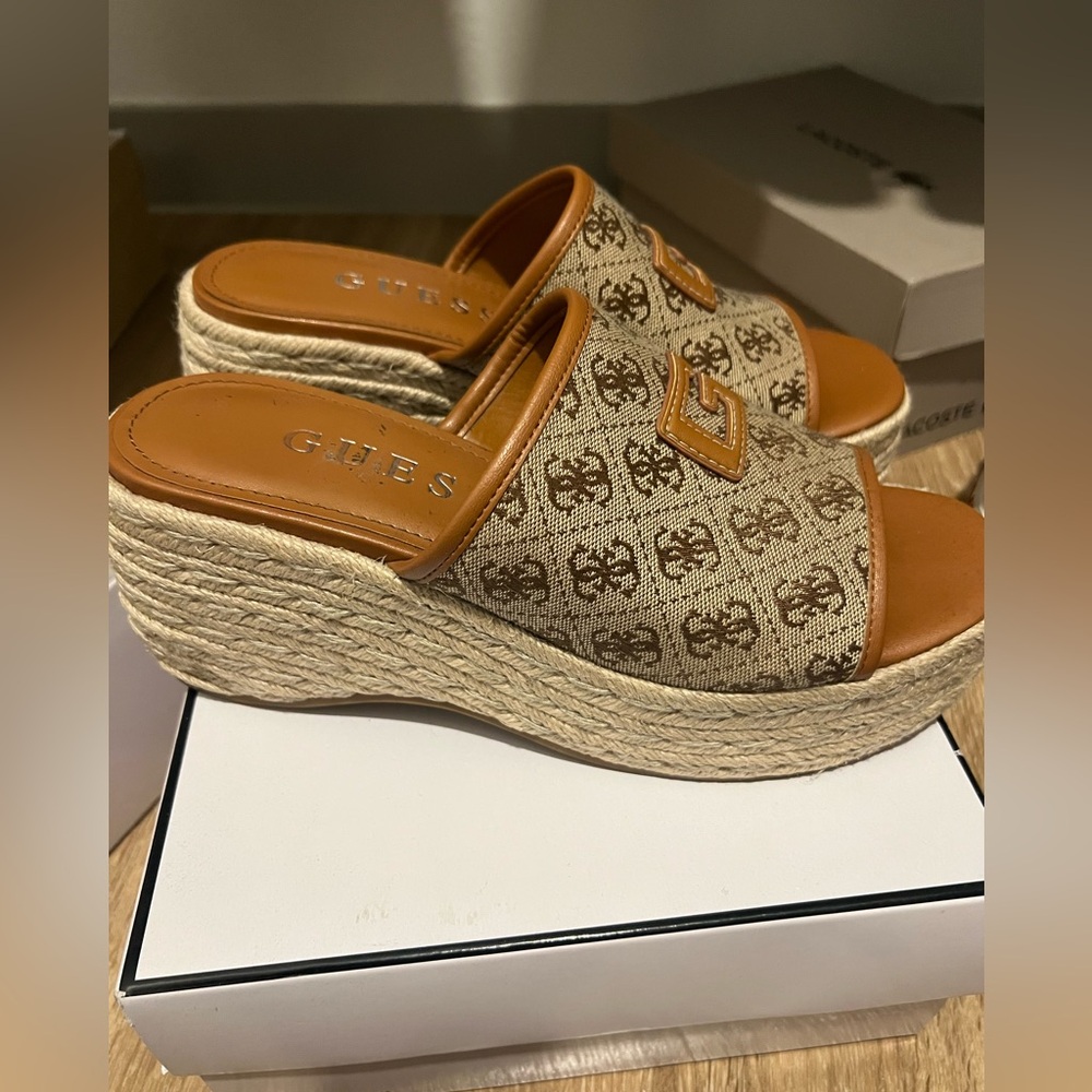 Guess Beige Logo Wedge Sandals